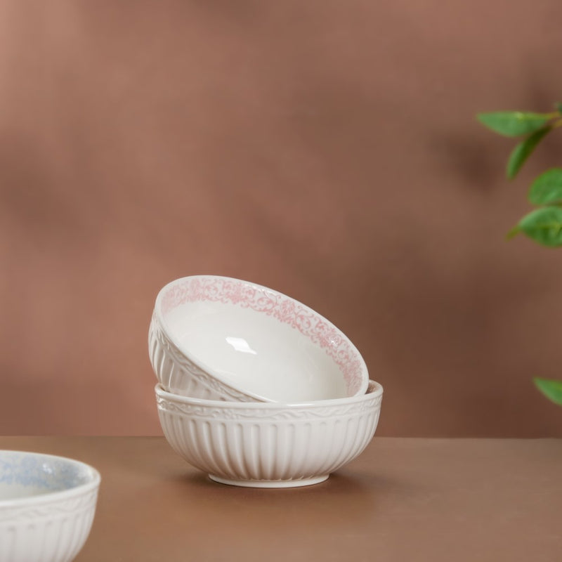 Engraved Rim Ceramic Snack Bowl Pink Set Of 2 - Bowl,ceramic bowl, snack bowls, curry bowl, popcorn bowls | Bowls for dining table & home decor