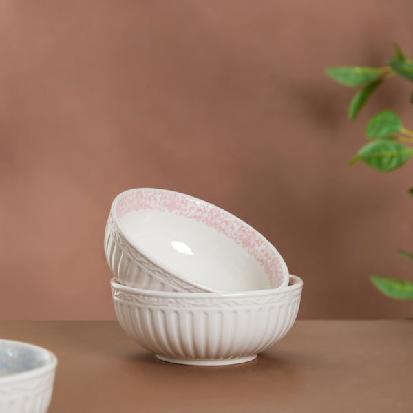 Engraved Rim Ceramic Snack Bowl Pink Set Of 2 - Bowl,ceramic bowl, snack bowls, curry bowl, popcorn bowls | Bowls for dining table & home decor
