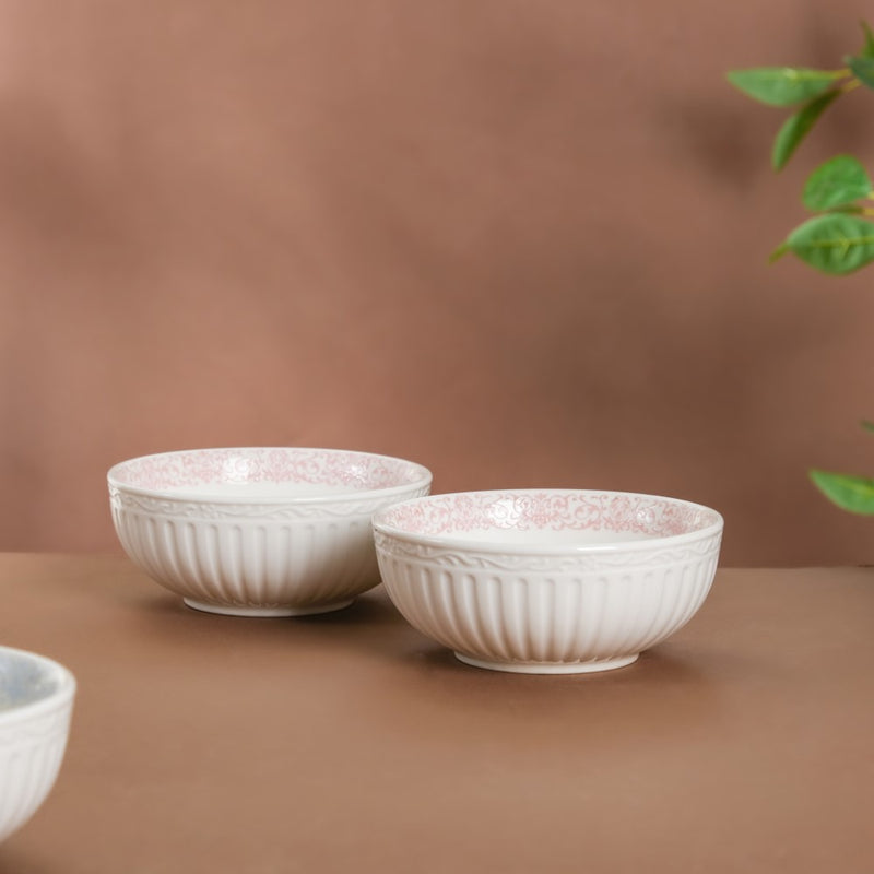 Engraved Rim Ceramic Snack Bowl Pink Set Of 2 - Bowl,ceramic bowl, snack bowls, curry bowl, popcorn bowls | Bowls for dining table & home decor