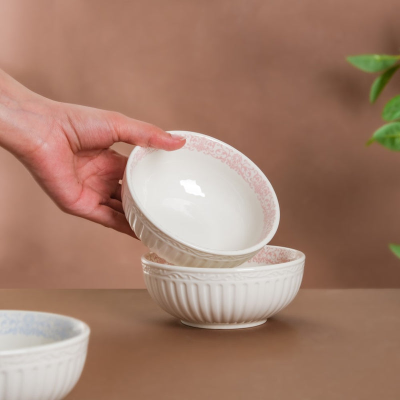 Engraved Rim Ceramic Snack Bowl Pink Set Of 2 - Bowl,ceramic bowl, snack bowls, curry bowl, popcorn bowls | Bowls for dining table & home decor