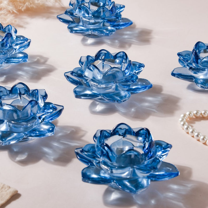 Lotus Glass Tea Light Holder Blue Set of 6 - Candle stand | Home decor ideas