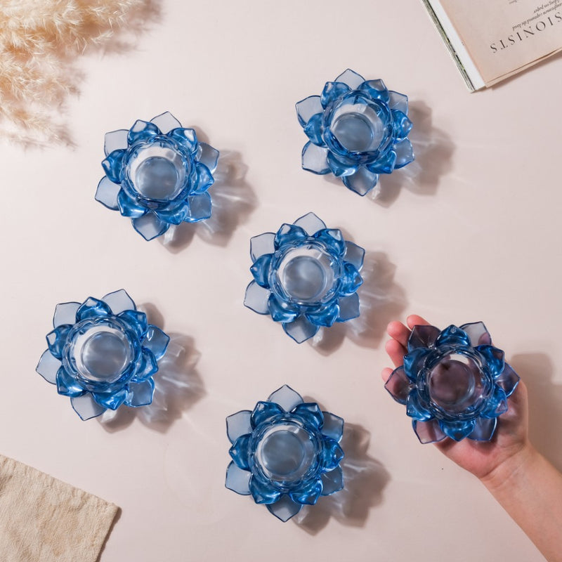Lotus Glass Tea Light Holder Blue Set of 6 - Candle stand | Home decor ideas