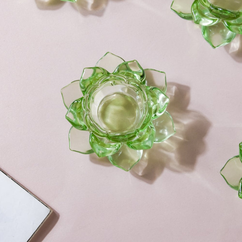 Lotus Glass Tea Light Holder Green Set of 6 - Candle stand | Home decor ideas