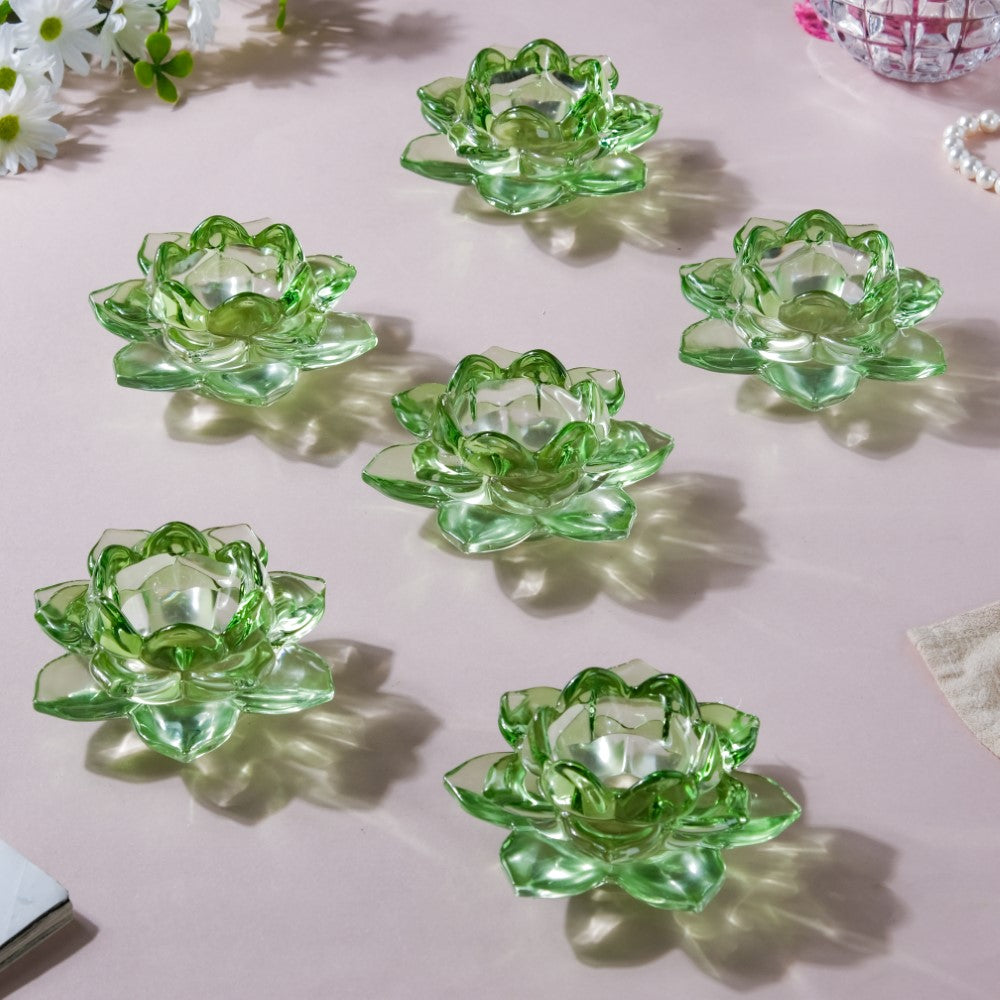 Lotus Glass Tea Light Holder Green Set of 6