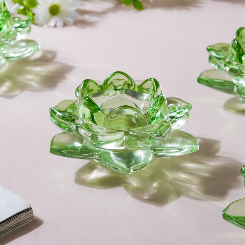 Lotus Glass Tea Light Holder Green Set of 6 - Candle stand | Home decor ideas