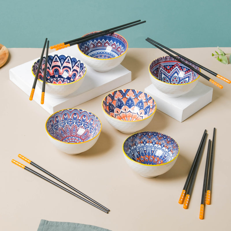 Mandala Snack Bowl Set Of 6 With Chopsticks - Bowl,ceramic bowl, snack bowls, curry bowl, popcorn bowls | Bowls for dining table & home decor