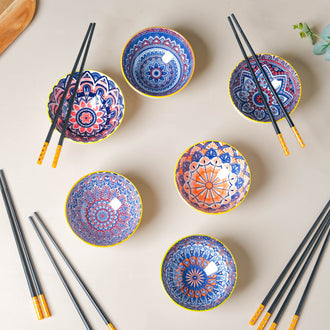 Mandala Snack Bowl Set Of 6 With Chopsticks - Bowl,ceramic bowl, snack bowls, curry bowl, popcorn bowls | Bowls for dining table & home decor