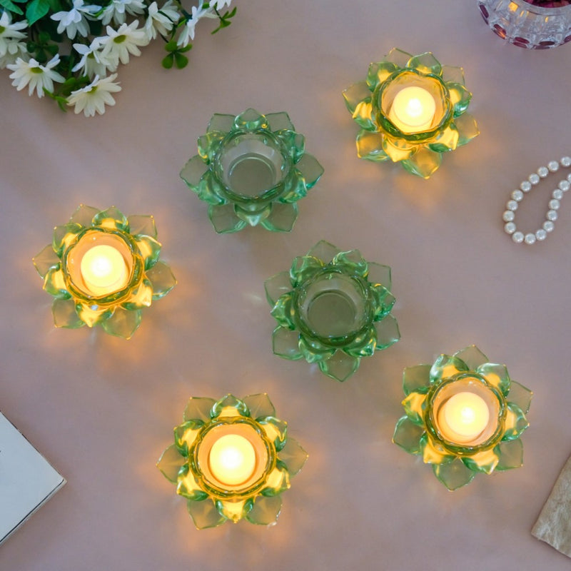 Lotus Glass Tea Light Holder Green Set of 6 - Candle stand | Home decor ideas