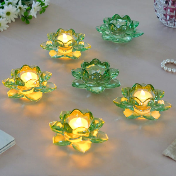 Lotus Glass Tea Light Holder Green Set of 6 - Candle stand | Home decor ideas
