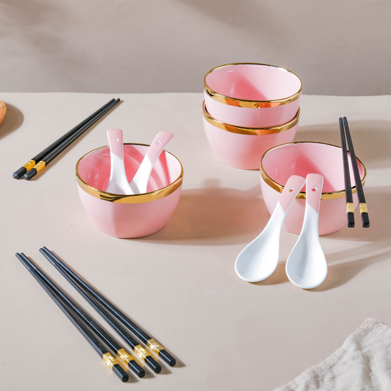Petunia Pink Snack Bowl Set Of 4 With Chopsticks And Soup Spoons - Bowl, soup bowl, ceramic bowl, snack bowls, curry bowl, popcorn bowls | Bowls for dining table & home decor
