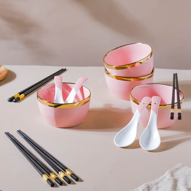 Petunia Pink Snack Bowl Set Of 4 With Chopsticks And Soup Spoons - Bowl, soup bowl, ceramic bowl, snack bowls, curry bowl, popcorn bowls | Bowls for dining table & home decor