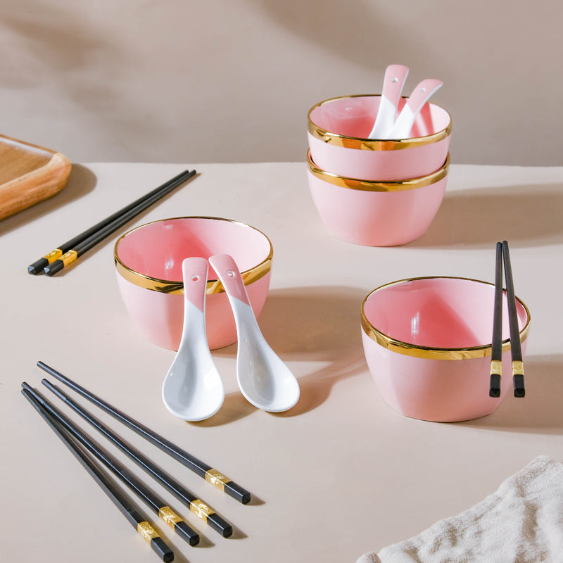 Petunia Pink Snack Bowl Set Of 4 With Chopsticks And Soup Spoons - Bowl, soup bowl, ceramic bowl, snack bowls, curry bowl, popcorn bowls | Bowls for dining table & home decor