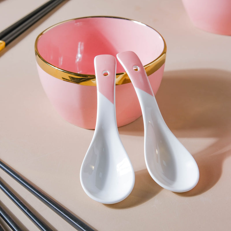Petunia Pink Snack Bowl Set Of 4 With Chopsticks And Soup Spoons - Bowl, soup bowl, ceramic bowl, snack bowls, curry bowl, popcorn bowls | Bowls for dining table & home decor