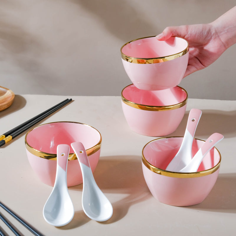 Petunia Pink Snack Bowl Set Of 4 With Chopsticks And Soup Spoons - Bowl, soup bowl, ceramic bowl, snack bowls, curry bowl, popcorn bowls | Bowls for dining table & home decor