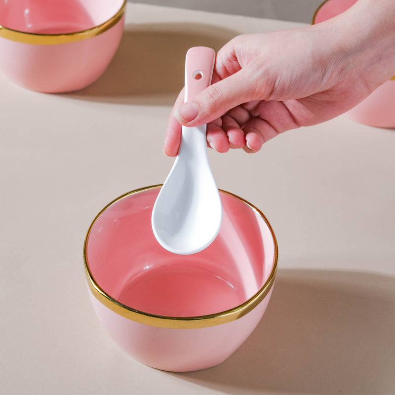 Petunia Pink Snack Bowl Set Of 4 With Chopsticks And Soup Spoons - Bowl, soup bowl, ceramic bowl, snack bowls, curry bowl, popcorn bowls | Bowls for dining table & home decor