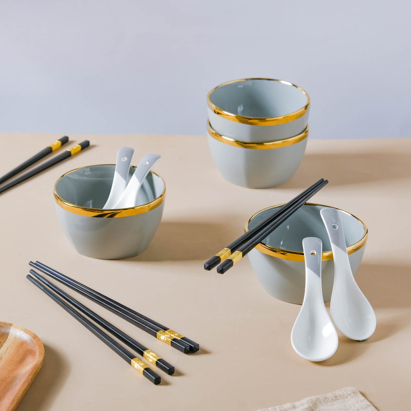 Gorgeous Grey Snack Bowl Set Of 4 With Chopsticks And Soup Spoons - Bowl, soup bowl, ceramic bowl, snack bowls, curry bowl, popcorn bowls | Bowls for dining table & home decor
