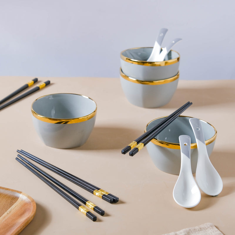 Gorgeous Grey Snack Bowl Set Of 4 With Chopsticks And Soup Spoons - Bowl, soup bowl, ceramic bowl, snack bowls, curry bowl, popcorn bowls | Bowls for dining table & home decor