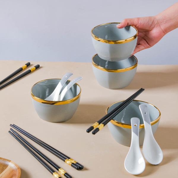 Gorgeous Grey Snack Bowl Set Of 4 With Chopsticks And Soup Spoons