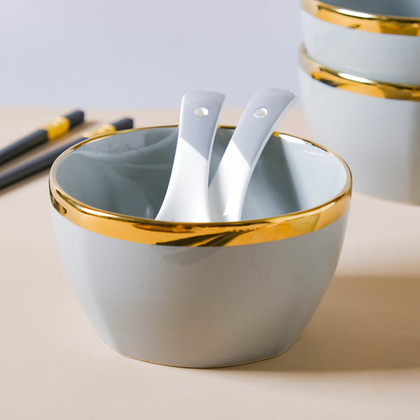 Gorgeous Grey Snack Bowl Set Of 4 With Chopsticks And Soup Spoons