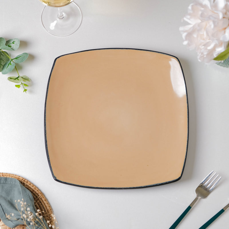 Beige Glossed Blue Rimmed Square Plate 10.5 Inch - Serving plate, snack plate, ceramic dinner plates| Plates for dining table & home decor