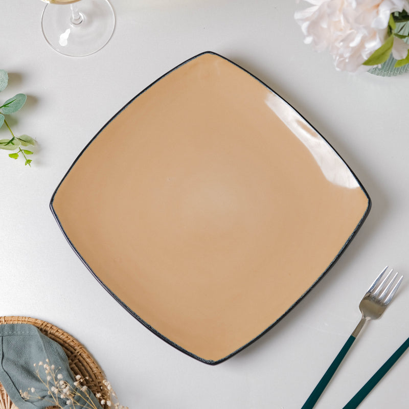 Beige Glossed Blue Rimmed Square Plate 10.5 Inch - Serving plate, snack plate, ceramic dinner plates| Plates for dining table & home decor