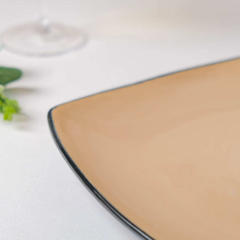 Beige Glossed Blue Rimmed Square Plate 10.5 Inch - Serving plate, snack plate, ceramic dinner plates| Plates for dining table & home decor
