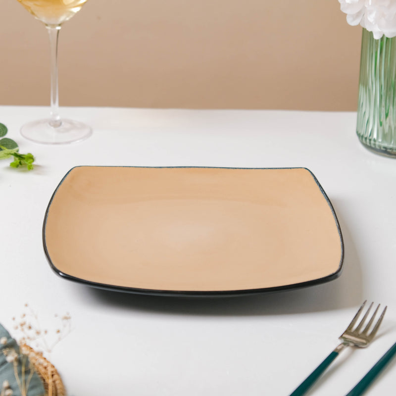 Beige Glossed Blue Rimmed Square Plate 10.5 Inch - Serving plate, snack plate, ceramic dinner plates| Plates for dining table & home decor