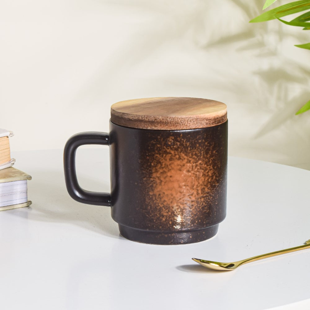 Ceramic Mug with Wooden Lid Yellow