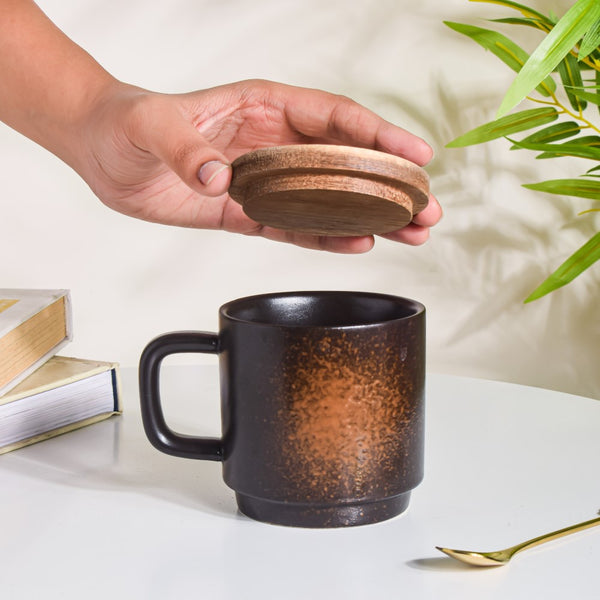 Savanna Stoneware Mug With Lid Black 250 ml- Mug for coffee, tea mug, cappuccino mug | Cups and Mugs for Coffee Table & Home Decor