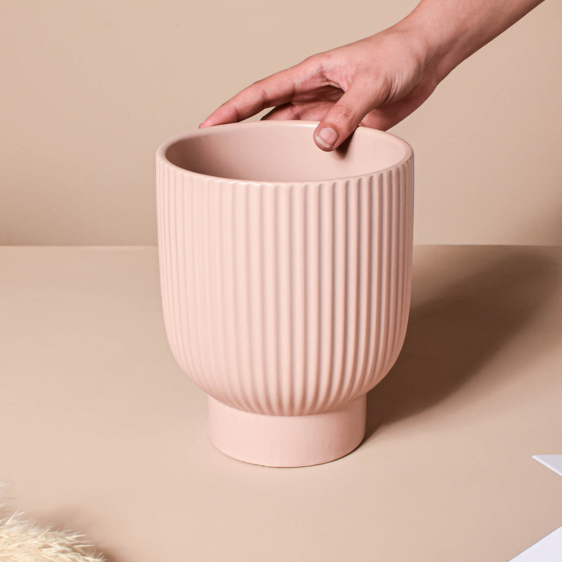 Dusky Pink Ribbed Vase - Flower vase for home decor, office and gifting | Home decoration items