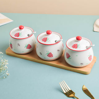 Strawberry Print Spice Jar Set with Tray