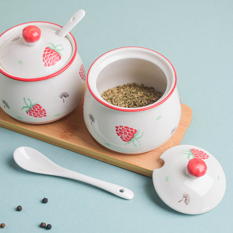 Strawberry Print Spice Jar Set with Tray - Jar