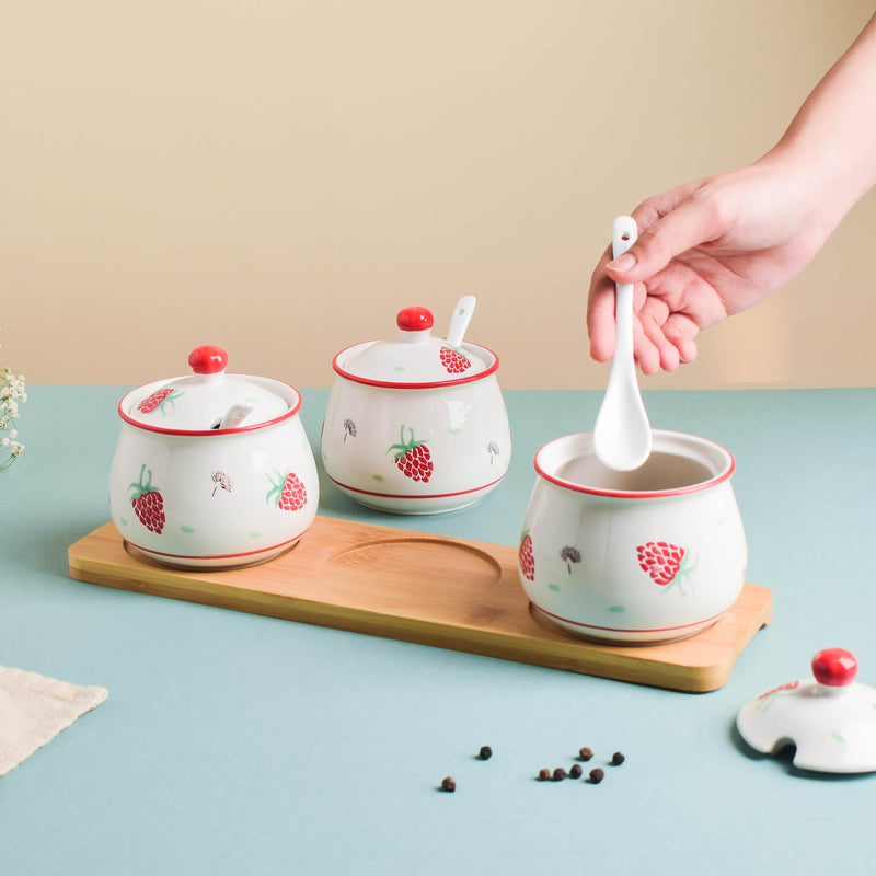 Strawberry Print Spice Jar Set with Tray - Jar