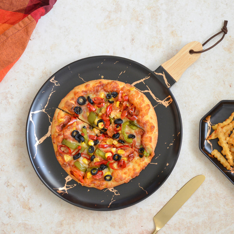 Black Marble Gold Detailed Platter With Handle - Serving plate, snack plate, ceramic dinner plates| Plates for dining table & home decor