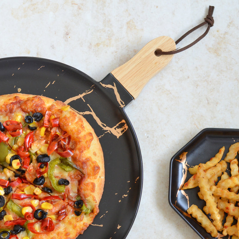 Black Marble Gold Detailed Platter With Handle - Serving plate, snack plate, ceramic dinner plates| Plates for dining table & home decor