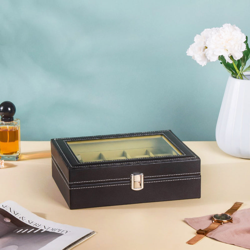 Watch Box Holder With 10 Cushioned Slots Black