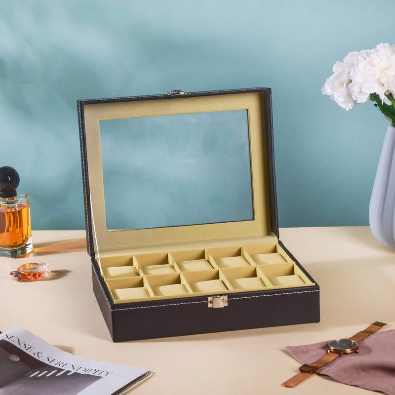 Watch Box Holder With 10 Cushioned Slots Black