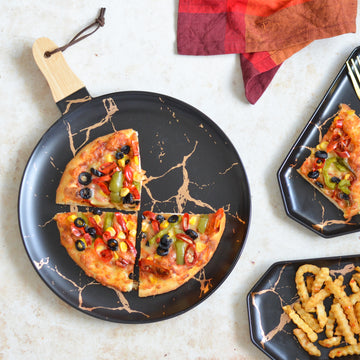 Black Marble Gold Detailed Platter With Handle - Serving plate, snack plate, ceramic dinner plates| Plates for dining table & home decor