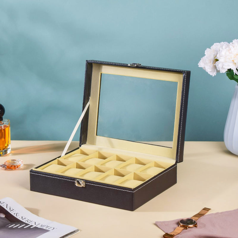 Watch Box Holder With 10 Cushioned Slots Black