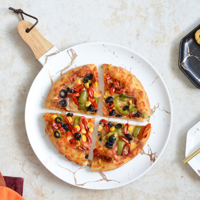 White Marble Gold Detailed Platter With Handle - Serving plate, snack plate, ceramic dinner plates| Plates for dining table & home decor