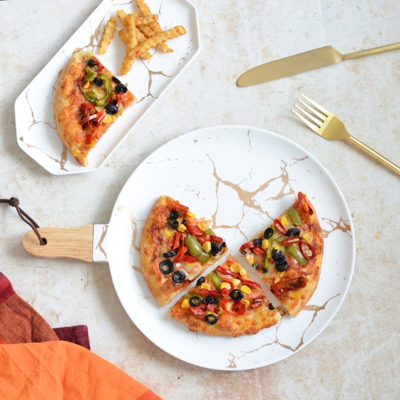 White Marble Gold Detailed Platter With Handle - Serving plate, snack plate, ceramic dinner plates| Plates for dining table & home decor