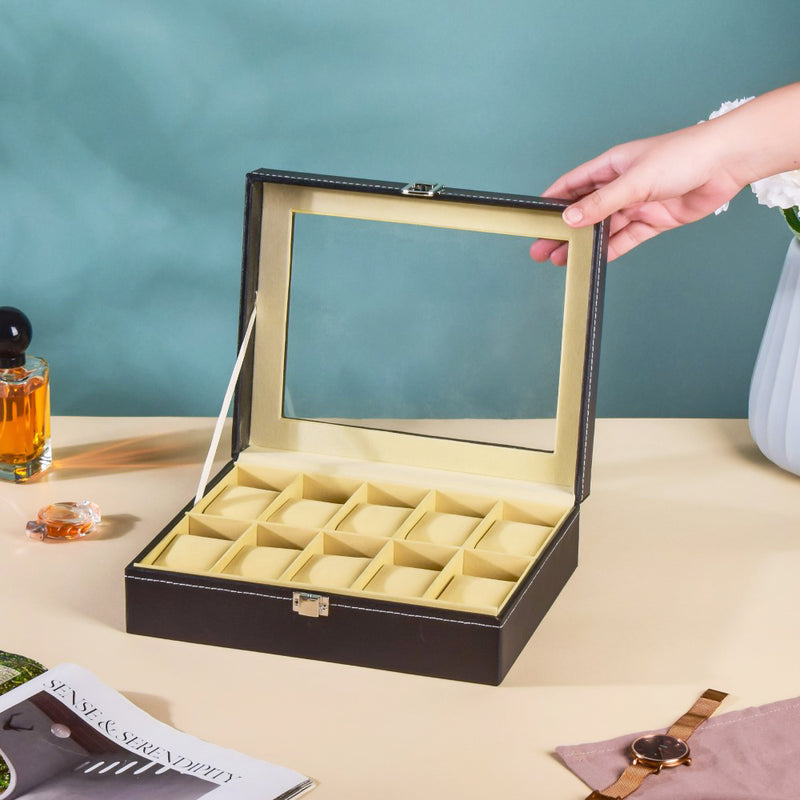 Watch Box Holder With 10 Cushioned Slots Black