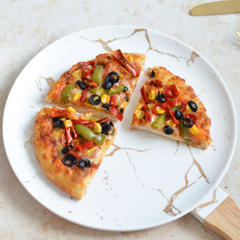 White Marble Gold Detailed Platter With Handle - Serving plate, snack plate, ceramic dinner plates| Plates for dining table & home decor