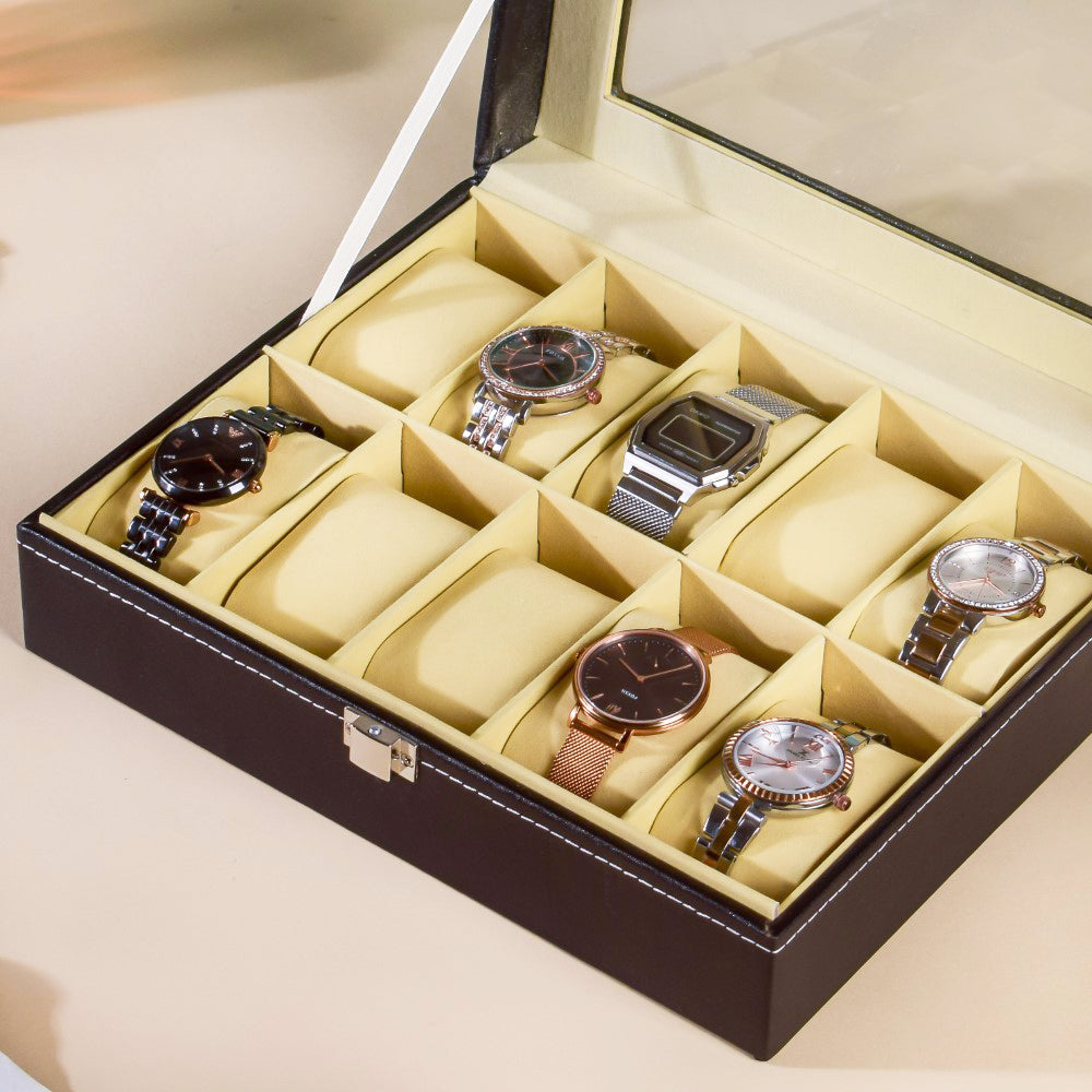 LEDO Watch Box Case Organizer in 12 slots of Watches for Men and Women with  Transparent Look Display(Wood, Faux Leather & Glass) : Amazon.in: Fashion