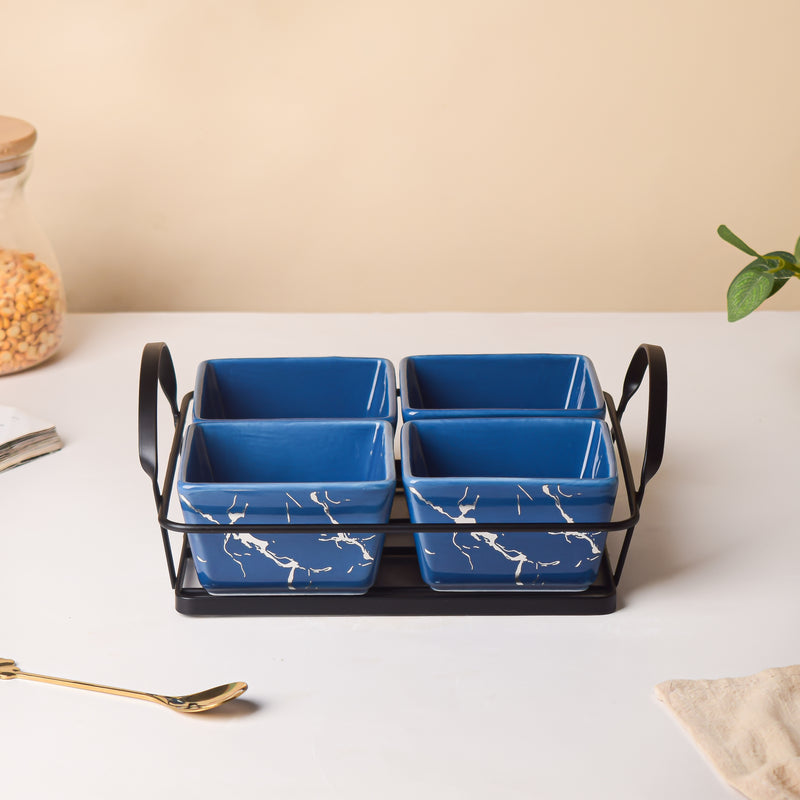 Cerulean Silver Ceramic Bowls Tray Set Of 5 200ml - Bowls, serving bowls, snack serving bowls, section bowls, fancy serving bowls, small serving bowls | Bowls for dining table & home decor
