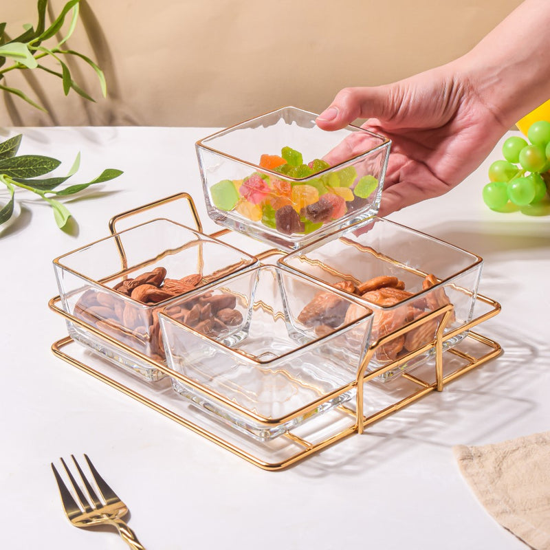 Gold Rim Crystal Bowls Tray Set Of 5 200ml - Serving bowls, small glass bowls, snack serving bowls, section bowls, fancy serving bowls | Bowls for dining table & home decor