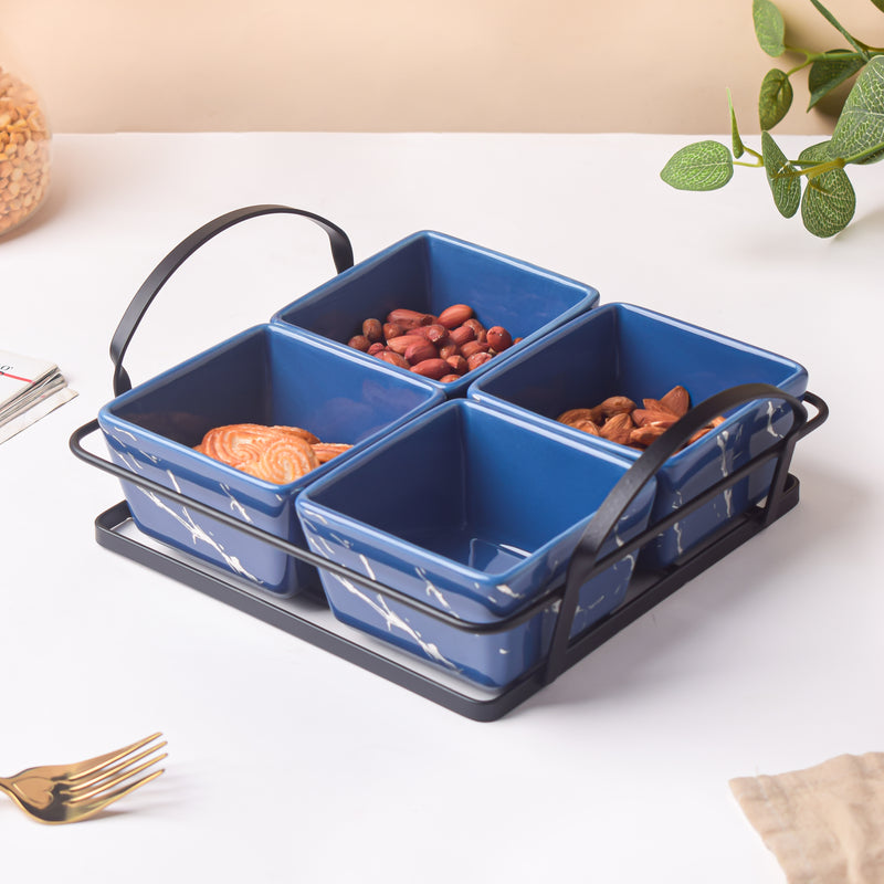 Cerulean Silver Ceramic Bowls Tray Set Of 5 200ml - Bowls, serving bowls, snack serving bowls, section bowls, fancy serving bowls, small serving bowls | Bowls for dining table & home decor