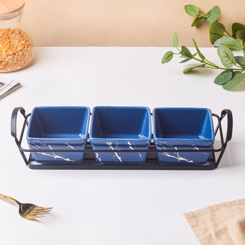 Cerulean Silver Ceramic Bowls Tray Set Of 4 200ml - Bowls, serving bowls, snack serving bowls, section bowls, fancy serving bowls, small serving bowls | Bowls for dining table & home decor