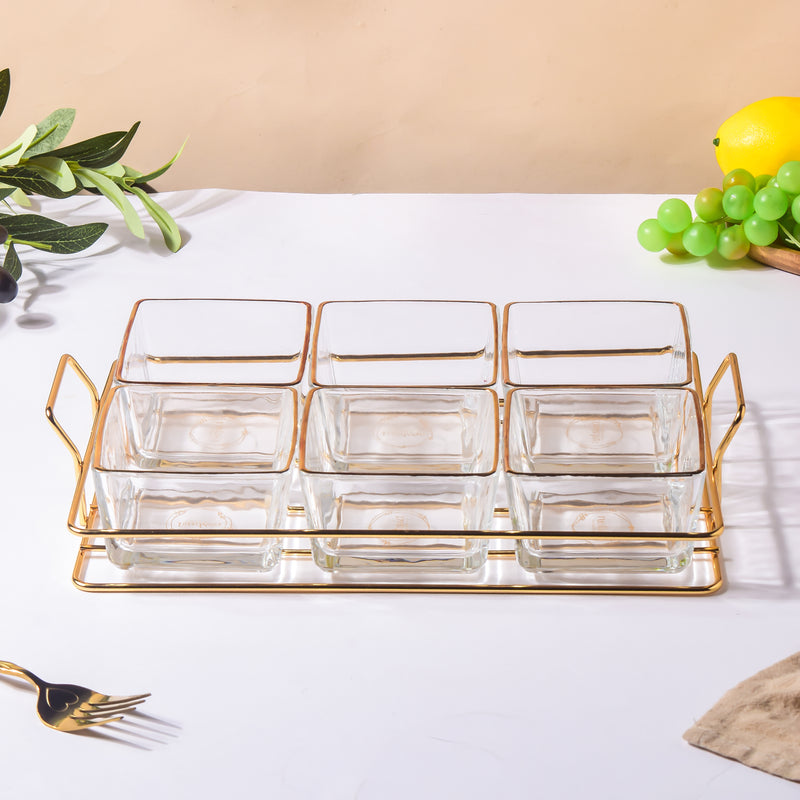 Gold Detailed Glass Bowls And Tray Set Of 7 200ml - Serving bowls, small glass bowls, snack serving bowls, section bowls, fancy serving bowls | Bowls for dining table & home decor