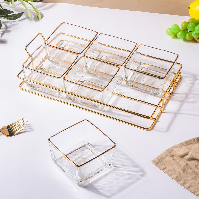 Gold Detailed Glass Bowls And Tray Set Of 7 200ml - Serving bowls, small glass bowls, snack serving bowls, section bowls, fancy serving bowls | Bowls for dining table & home decor